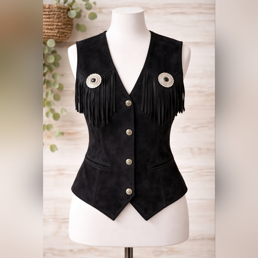 Vintage Cedars Women Black Leather Fringe Cowboy Vest Size M Western Cowgirl